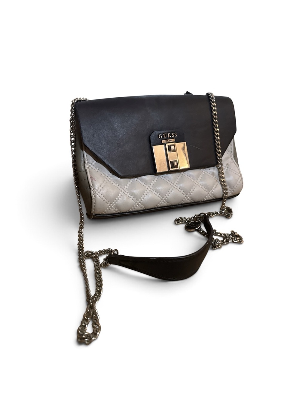 GUESS Black Ivory Quilted Chain Crossbody Flap Bag Two Tone